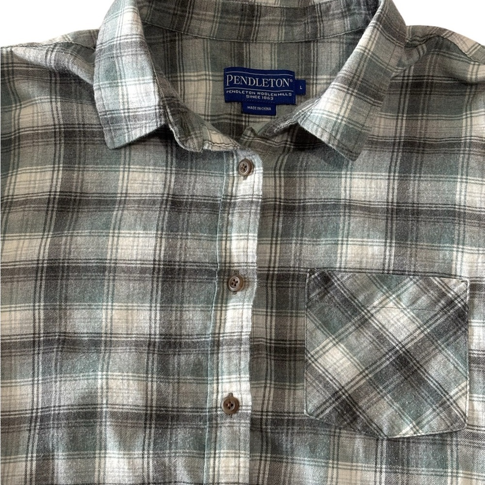 Pendleton Men's Cotton Plaid Flannel Shirt Button Up Green Gray Pocket L